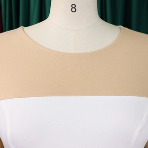 Detailed view of the round neckline and two-tone color block stitching on a plus size dress