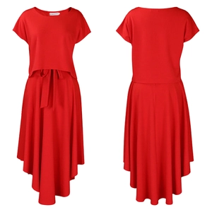 Flat lay view of a red two-piece skirt set showing front and back design details