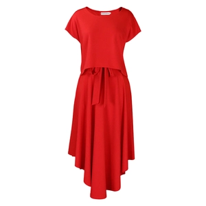 Detail of red two-piece set featuring high-waist tie skirt and minimalist short sleeve top