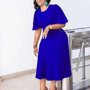 Detail of royal blue short sleeve bodycon midi dress with elegant pleated puff sleeves