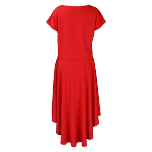 Detail view of the elegant red two-piece dress set featuring a high-low fishtail hemline