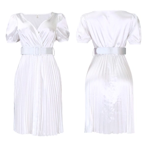 Detail view of white satin dress featuring V-neck, puff sleeves and pleated skirt with belt