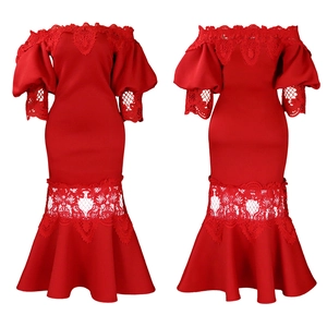 Detailed front and back view of red off-shoulder mermaid dress with lace hollow-out details