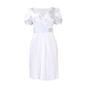 Detail of white satin V-neck dress with puff sleeves, belt, and pleated skirt