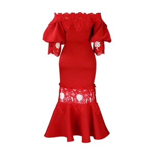 Detail of red off-shoulder mermaid dress with lace trim and elegant lantern sleeves