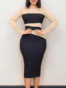 Elegante abito midi bodycon a maniche lunghe con design color-block nero e beige