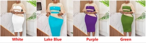 Detailed grid view showing a bodycon dress in white, lake blue, purple, and green colors