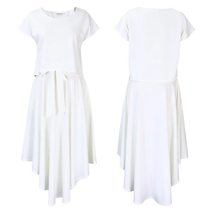 Detailed view of white short-sleeve top and flared skirt with bow tie waist detail
