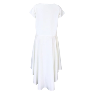 Detail view of the high-low hemline and flowing fabric on the white dress back