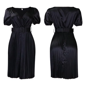 Front and back view of black satin pleated V-neck dress with belted waist and puff sleeves
