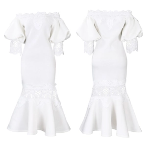 Detail view of white off-shoulder lace mermaid dress with puff sleeves and lace trim