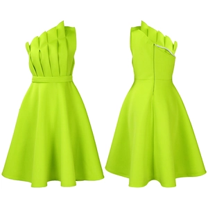 Detail view of fluorescent green one-shoulder dress with 3D pleats and back zipper