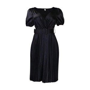 Detail of V-neck pleated black satin dress with puff sleeves and matching belt