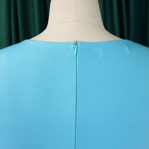 Detail of invisible zipper closure on the back neck of this sky blue plus size dress