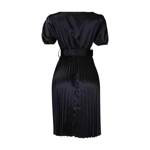 Back view of elegant black short sleeve pleated satin dress with a matching belt