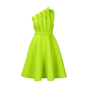 Detail of lime green one-shoulder dress featuring 3D pleated waist and structured A-line skirt