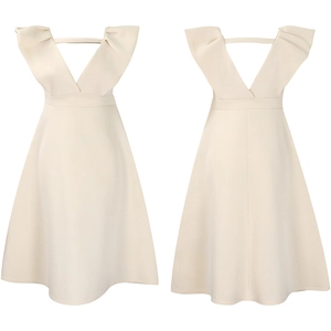 Vista frontal y trasera del vestido línea A sin mangas en color crema con cuello en V