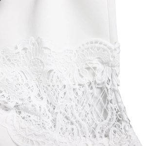 Detailed macro view of white floral lace embroidery and delicate mesh hollow texture
