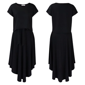 Detailed front and back view of a black two-piece set with layered high-low skirt