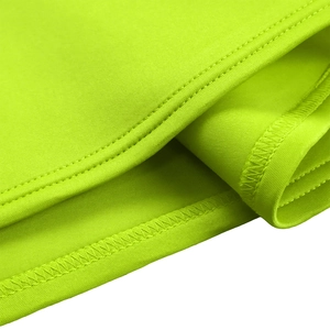 Detail of neon green fabric with high-quality double-needle stitching and hem finish