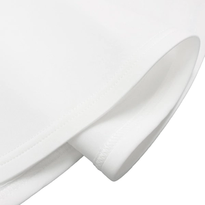 Close-up of white polyester fabric texture and high-quality double-stitch sewing detail