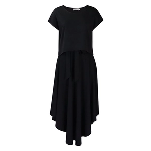Detail of plus size black two-piece midi dress featuring waist tie and irregular hemline