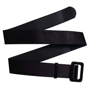 Detail of a wide black satin waist belt featuring a square buckle and decorative stitching