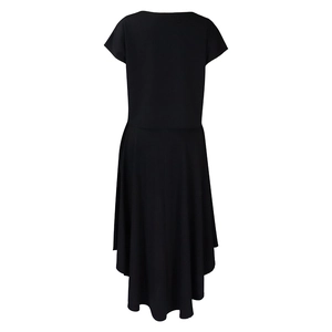 Detail view of the elegant black two-piece set featuring an asymmetrical high-low hemline