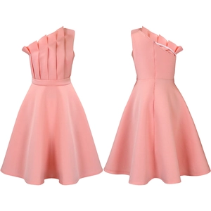 Front and back detail of a pink one-shoulder cocktail dress with pleated neckline and A-line cut