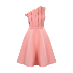 Detail view of pink one-shoulder dress featuring vertical pleats and elegant A-line silhouette