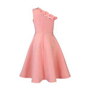 Detail of pink one-shoulder dress with layered ruffles and structured A-line skirt