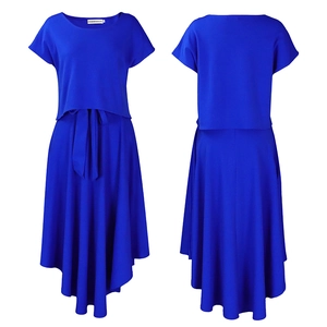 Detail of royal blue two-piece set with high-low hem skirt and bow tie waist detail