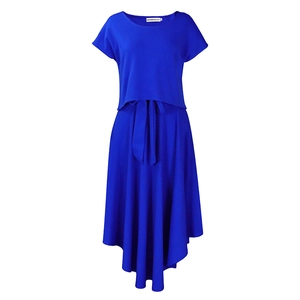 Detail of royal blue short sleeve top and irregular hem maxi skirt set for women
