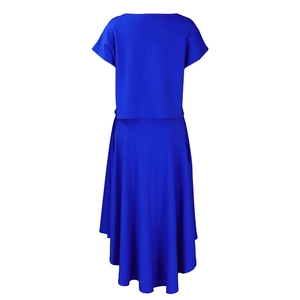 Detail view of royal blue two-piece set featuring short-sleeve top and flared long skirt