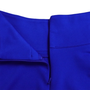Close-up of invisible zipper detail on royal blue high-waist maxi skirt fabric