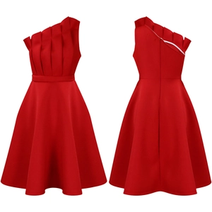 Detail of red one-shoulder evening dress featuring pleated texture and back zipper closure