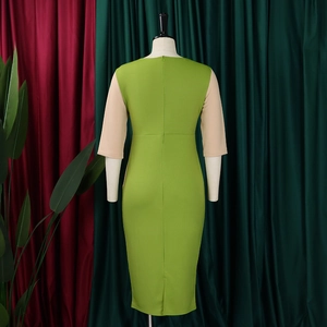 Detail of plus size bodycon dress featuring green and beige color-block and back zipper