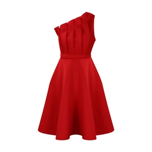 Detailed close-up of red one-shoulder dress with textured pleats and A-line waist