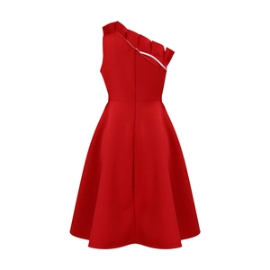 Detail of the elegant red one-shoulder party dress with layered pleats and A-line waist