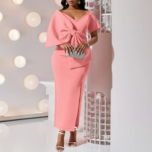 Rosa figurbetontes Midi-Partykleid mit großer Schleife und Seitenschlitz für Damen
