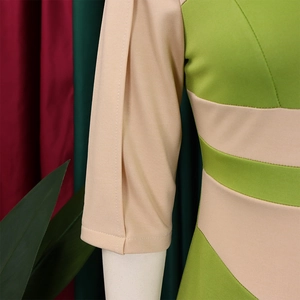 Detail of color-block dress showing mid-length sleeves and seamless side stitching