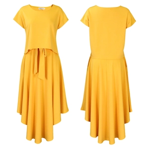 Front and back view of yellow two-piece set with irregular hem skirt and crop top