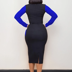 Vista posteriore di un abito bodycon con maniche blu a contrasto e spacco posteriore