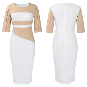 Detail view of khaki color block patchwork dress with back slit and round neckline