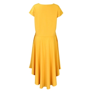 Detailed back view of a bright yellow high-low hem dress with short sleeves and round neck