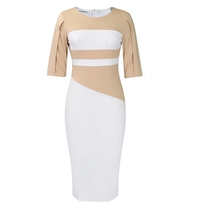 Close-up of color-block dress with curved slit cuffs and neat stitching details