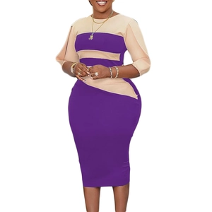 Elegant plus size color block sheath dress in purple and beige with five-point sleeves