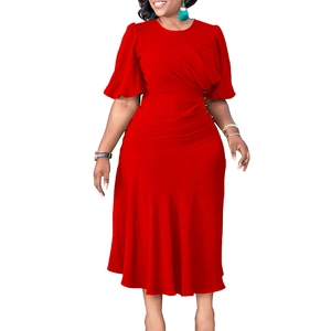 Slim fit red puff sleeve dress with elegant waist pleats and an A-line silhouette