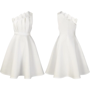 Detailed front and back view of white one-shoulder party dress with pleated bodice design