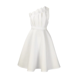 Detailed view of white one-shoulder evening dress with tiered ruffles and A-line silhouette
